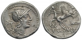 T. Cloelius, Rome, 128 BC. AR Denarius (20mm, 3.88g, 6h). Helmeted head of Roma r.; wreath behind. R/ Victory driving biga with horses rearing r.; gra...