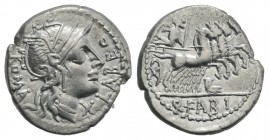 Q. Fabius Labeo, Rome, 124 BC. AR Denarius (19mm, 3.92g, 6h). Helmeted head of Roma r. R/ Jupiter driving galloping quadriga r., hurling thunderbolt, ...
