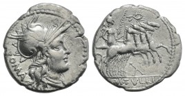 M. Tullius, Rome, 119 BC. AR Denarius (20mm, 3.85g, 8h). Helmeted head of Roma r. R/ Victory driving galloping quadriga r., holding palm frond and rei...