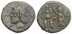 M. Furius L.f. Philus, Rome, 120 BC. AR Denarius (19mm, 3.99g, 6h). Laureate head of Janus. R/ Roma standing l., holding spear and crowning trophy of ...