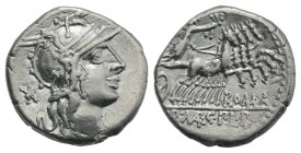 Q. Marcius, C. Fabius, and L. Roscius, Rome, 118-117 BC. AR Denarius (17mm, 3.88g, 12h). Helmeted head of Roma r. R/ Victory driving galloping quadrig...