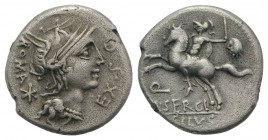 M. Sergius Silus, Rome, 116-115 BC. AR Denarius (17mm, 3.80g, 6h). Helmeted head of Roma r. R/ Soldier on horseback rearing l., holding sword and seve...