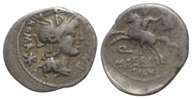 M. Sergius Silus, Rome, 116-115 BC. AR Denarius (18mm, 3.75g, 9h). Helmeted head of Roma r. R/ Soldier on horseback rearing l., holding sword and seve...