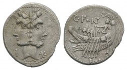 C. Fonteius, Rome, 114-113 BC. AR Denarius (20mm, 3.93g, 5h). Laureate, janiform heads of the Dioscuri; I to l. R/ Galley l. with three rowers, gubern...