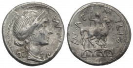 Man. Aemilius Lepidus, Rome, 114-113 BC. AR Denarius (18mm, 3.53g, 3h). Diademed and draped bust of Roma r. R/ Equestrian statue r. on pedestal with t...