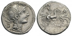 Appius Claudius Pulcher, T. Manlius Mancius and Q. Urbinius, Rome, 111-110 BC. AR Denarius (17mm, 4.03g, 7h). Helmeted head of Roma r.; quadrangular d...