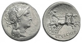 C. Claudius Pulcher, Rome, 110-109 BC. AR Denarius (18mm, 3.87g, 76h). Helmeted head of Roma r.; circular device on helmet. R/ Victory driving biga r....