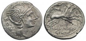 L. Flaminius Chilo, Rome, 109-108 BC. AR Denarius (18mm, 4.02g, 6h). Helmeted head of Roma r. R/ Victory driving biga r. Crawford 302/1; RBW 1144; RSC...