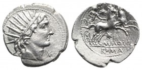 Man. Aquillius, Rome, 109-108 BC. AR Denarius (20mm, 3.82g, 11h). Radiate head of Sol r. R/ Luna driving galloping biga r., holding reins in both hand...