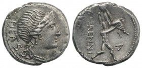 M. Herennius, Rome, 108-107 BC. AR Denarius (18mm, 3.97g, 12h). Diademed head of Pietas r. R/ Amphinomus carrying his father aloft r., who looks back....
