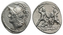 Q. Minucius Thermus M. f. Roma, 103 BC. AR Denarius (19mm, 3.92g, 6h) Helmeted bust of Mars l. R/ Two warriors in combat, one on l. protecting a falle...