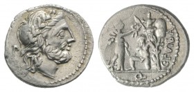 C. Fundanius, Rome, 101 BC. AR Quinarius (14mm, 1.90g, 6h). Laureate head of Jupiter r.; P to l. R/ Victory standing r., crowning trophy, beside which...