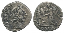 C. Egnatuleius C.f., Rome, 97 BC. AR Quinarius (14mm, 1.86g, 9h). Laureate head of Apollo. R/ Victory standing l., inscribing shield attached to troph...