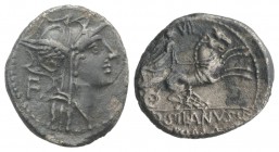 D. Silanus L.f., Rome, 91 BC. AR Denarius (18mm, 3.75g, 3h). Helmeted head of Roma r.; F behind. R/ Victory driving galloping biga r.; VII above. Craw...