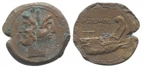 D. Silanus L.f., Rome, 91 BC. Æ As (29mm, 13.91g, 12h). Laureate head of bearded Janus. R/ Prow of galley r.; D. SILANVS L.F. above. Crawford 337/5; R...