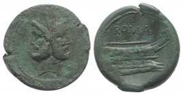 Anonymous, Rome, c. 91 BC. Æ As (26mm, 12.88g, 3h). Laureate head of bearded Janus. R/ Prow of galley r. Crawford 339/1a; RBW 1241. Green patina, encr...