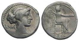 M. Cato, Rome, 89 BC. AR Denarius (17mm, 3.82g, 9h). Diademed and draped female bust r. R/ Victory seated r., holding palm frond and patera. Crawford ...