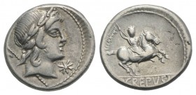 Pub. Crepusius, Rome, 82 BC. AR Denarius (17mm, 3.79g, 7h). Laureate head of Apollo r.; sceptre to l.; eight-pointed star to lower r. R/ Horseman ridi...