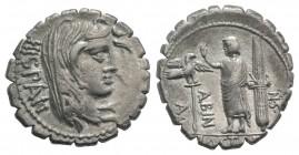 A. Postumius A.f. Sp.n. Albinus, Rome, 81 BC. AR Serrate Denarius (19mm, 3.95g, 9h). Veiled head of Hispania r. R/ Togate figure standing l., raising ...