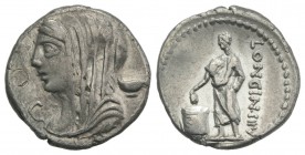 L. Cassius Longinus, Rome, 60 BC. AR Denarius (19mm, 3.80g, 6h). Veiled and draped bust of Vesta l.; C to l., calix to r. R/ Voter standing l., droppi...