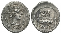 L. Furius Cn.f. Brocchus, Rome, 63 BC. AR Denarius (21mm, 3.83g, 6h). Head of Ceres r., wearing wreath of grain ears, a lock of hair falling down her ...