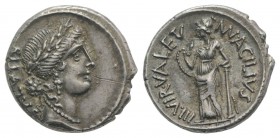 Roman Imperatorial, Man. Acilius Glabrio, Rome, 49 BC. AR Denarius (18mm, 3.99g, 6h). Laureate head of Salus r. R/ Salus standing l. against column, h...