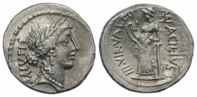 Roman Imperatorial, Man. Acilius Glabrio, Rome, 49 BC. AR Denarius (18mm, 3.91g, 5h). Laureate head of Salus r. R/ Salus standing l. against column, h...