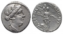 Roman Imperatorial, L. Hostilius Saserna, Rome, 48 BC. AR Denarius (17mm, 3.94g, 1h). Diademed female head (Pietas or Clementia?) r., wearing oak wrea...