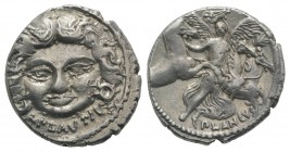 Roman Imperatorial, L. Plautius Plancus, Rome, 47 BC. AR Denarius (18.5mm, 3.80g, 6h). Facing head of Medusa with disheveled hair; serpents on either ...