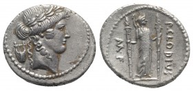 Roman Imperatorial, P. Clodius M.f. Turrinus, Rome, 42 BC. AR Denarius (18mm, 3.69g, 11h). Laureate head of Apollo r.; lyre behind. R/ Diana Lucifera ...