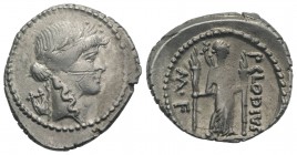Roman Imperatorial, P. Clodius M.f. Turrinus, Rome, 42 BC. AR Denarius (20mm, 3.81g, 9h). Laureate head of Apollo r.; lyre behind. R/ Diana Lucifera s...