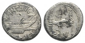Mark Antony, Patrae(?), Autumn 32-spring 31 BC. AR Denarius (15mm, 3.50g, 6h). Legionary type. Galley r. R/ LEG IV, legionary aquila between two signa...