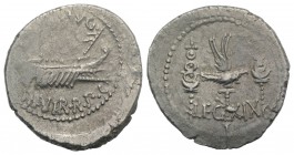 Mark Antony, Patrae(?), Autumn 32-spring 31 BC. AR Denarius (19mm, 3.41g, 1h). Legionary type. Galley r. R/ LEG XIX, legionary aquila between two sign...