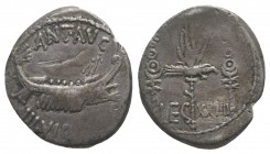 Mark Antony, Patrae(?), Autumn 32-spring 31 BC. AR Denarius (17mm, 3.72g, 6h). Legionary type. Galley r. R/ LEG XXIIII (sic), legionary aquila between...