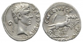 Augustus (27 BC-AD 14). AR Denarius (17mm, 2.55g, 6h). Rome. C. Marius C.f. Tro(mentina tribu), moneyer, 13 BC. Bare head r.; lituus to l. R/ Gallopin...
