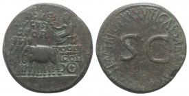 Divus Augustus (died AD 14). Æ Sestertius (34mm, 21.64g, 6h). Rome, c. AD 35-6. Augustus, radiate and holding laurel branch and sceptre, seated l. in ...