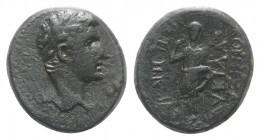 Augustus (27 BC-AD 14). Phrygia, Eucarpeia. Æ (18mm, 5.57g, 12h). Lykidas Euxenou, magistrate. Laureate head r. R/ Goddess standing facing, raising r....