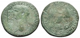 Nero Claudius Drusus (died 9 BC). Æ Sestertius (35mm, 24.12g, 6h). Rome, 42-3. Bare head l.; c/m: PROB. R/ Claudius seated l. on curule chair, holding...