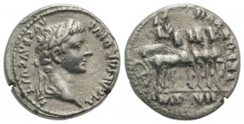 Tiberius (14-37). AR Denarius (18mm, 3.91g, 12h). Lugdunum, 15-16. Laureate head r. R/ Tiberius driving triumphal quadriga r., holding eagle-tipped sc...