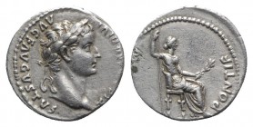 Tiberius (14-37). AR Denarius (17mm, 3.74g, 1h). “Tribute Penny” type, Lugdunum, 36-7. Laureate head r. R/ Livia (as Pax) seated r., holding sceptre a...
