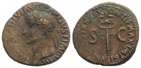 Tiberius (14-37). Æ As (28mm, 10.83g, 6h). Rome, 35-6. Laureate head l. R/ Legend around winged caduceus. RIC I 65. Brown patina, Good Fine