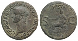 Gaius (Caligula, 37-41). Æ As (28mm, 10.65g, 6h). Rome, 37-8. Bare head l. R/ Vesta seated l. on ornamental throne, holding patera and sceptre. RIC I ...