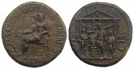 Gaius (Caligula, 37-41). Æ Sestertius (34mm, 29.21g, 7h). Rome, 39-40. Pietas, veiled seated l., holding patera and resting elbow resting on small sta...