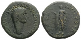 Claudius (41-54). Æ Sestertius (35mm, 27.01g, 6h). Rome, 41-2. Laureate head r. R/ Spes advancing l., holding flower and raising hem of skirt. RIC I 9...