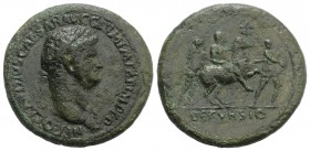 Nero (54-68). Æ Sestertius (38mm, 28.40g, 6h). Rome, AD 63. Laureate bust r. R/ Nero on horseback prancing r.; soldier before and behind. RIC I 108 va...