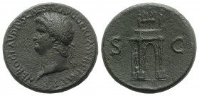 Nero (54-68). Æ Sestertius (34mm, 25.60g, 6h). Rome, c. AD 64. Laureate head l. R/ Triumphal arch surmounted by statue of emperor in quadriga accompan...