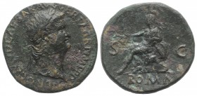 Nero (54-68). Æ Sestertius (33mm, 22.97g, 6h). Rome, AD 66. Laureate head r. R/ Roma seated l. on cuirass, holding Victory and parazonium; shields beh...