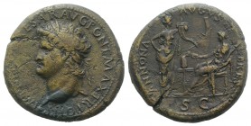 Nero (54-68). Æ Sestertius (34.5mm, 24.32g, 7h). Lugdunum, c. AD 66. Laureate head l., globe at point of neck. R/ Annona standing r., holding cornucop...