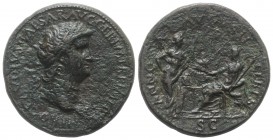 Nero (54-68). Æ Sestertius (35mm, 23.52g, 6h). Lugdunum, c. AD 67. Laureate head r., globe at point of neck. R/ Annona standing r., hand on hip and ho...