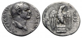 Vespasian (69-79). AR Denarius (16mm, 2.95g, 6h). Rome, AD 76. Laureate head r. R/ COS VII across field, Eagle standing facing, head r., on low cippus...
